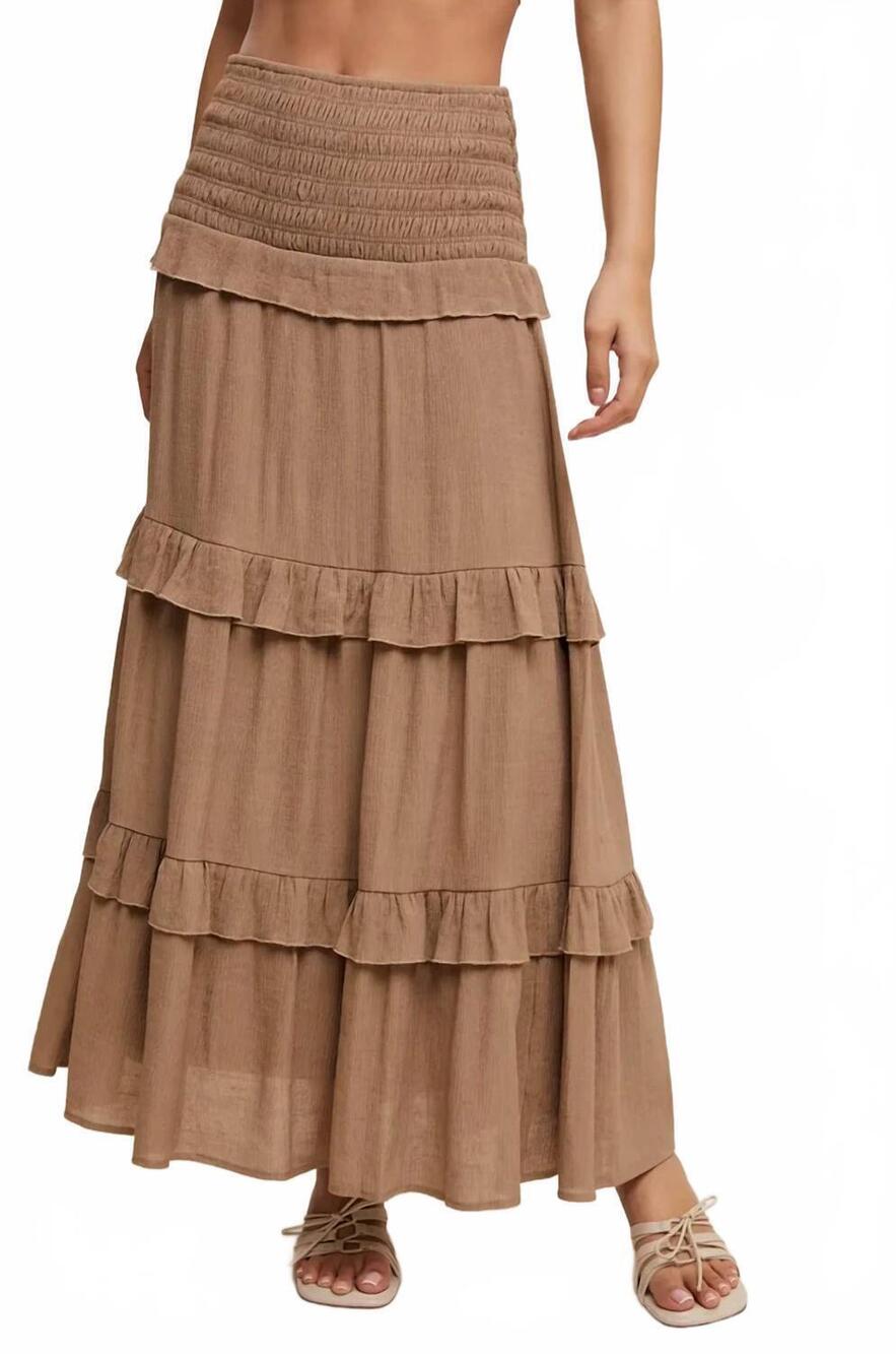 NEW LISTICLE 2-way smocked ruffle tiered midi dress or skirt in mocha